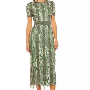 Mac Duggal Cocktail Geometric Beaded Sage Midi-Dress Unworn Size 10